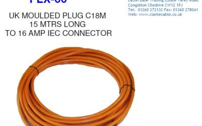 UK 13A Moulded Plug to IEC C19 3 Pole 16A Straight Female Connector – 15m Orange 3 core PVC