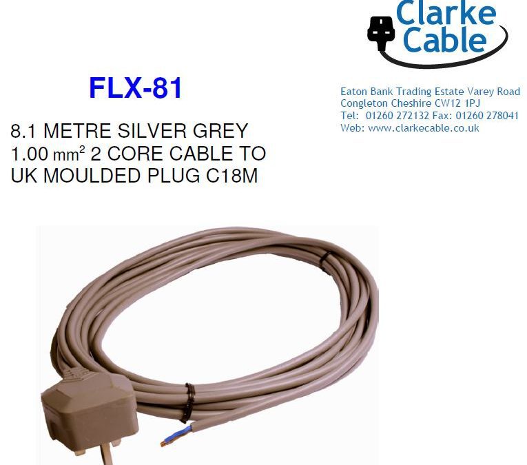 UK 13A Moulded Plug to stripped end – 8.1m Grey 2 core PVC