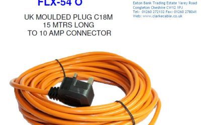 UK 13A Moulded Plug to IEC C15 3 Pole 10A Straight Female Connector – 15m Orange 3 core PVC